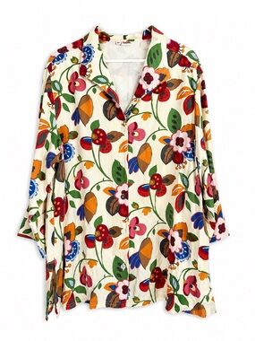 Tianello Cream Floral Button-Down Sharon Shirt with Multicolor Blooms Plus 0X